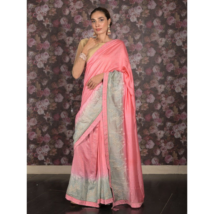 Odette Women Pink Cotton Embroidered Saree with Unstitched Blouse