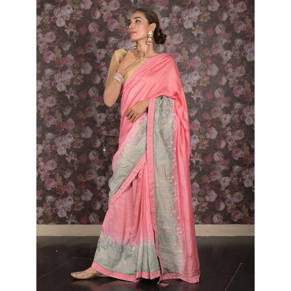 Odette Women Pink Cotton Embroidered Saree with Unstitched Blouse