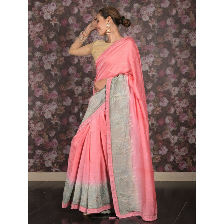 Odette Women Pink Cotton Embroidered Saree with Unstitched Blouse