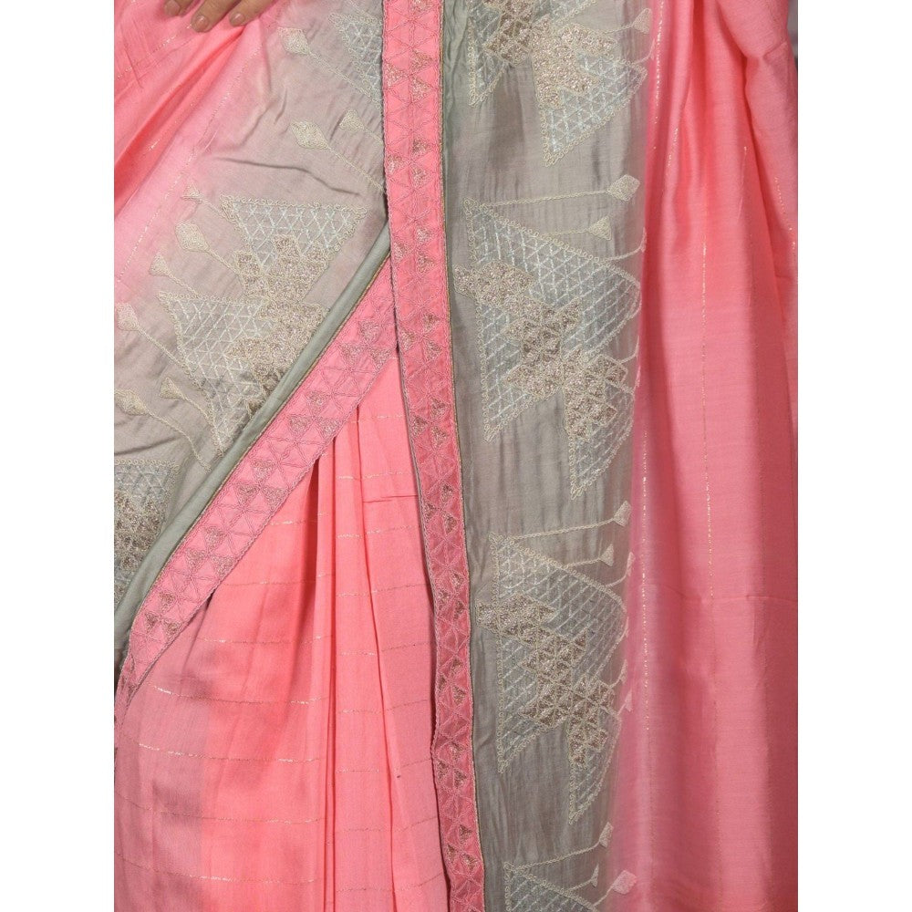 Odette Women Pink Cotton Embroidered Saree with Unstitched Blouse