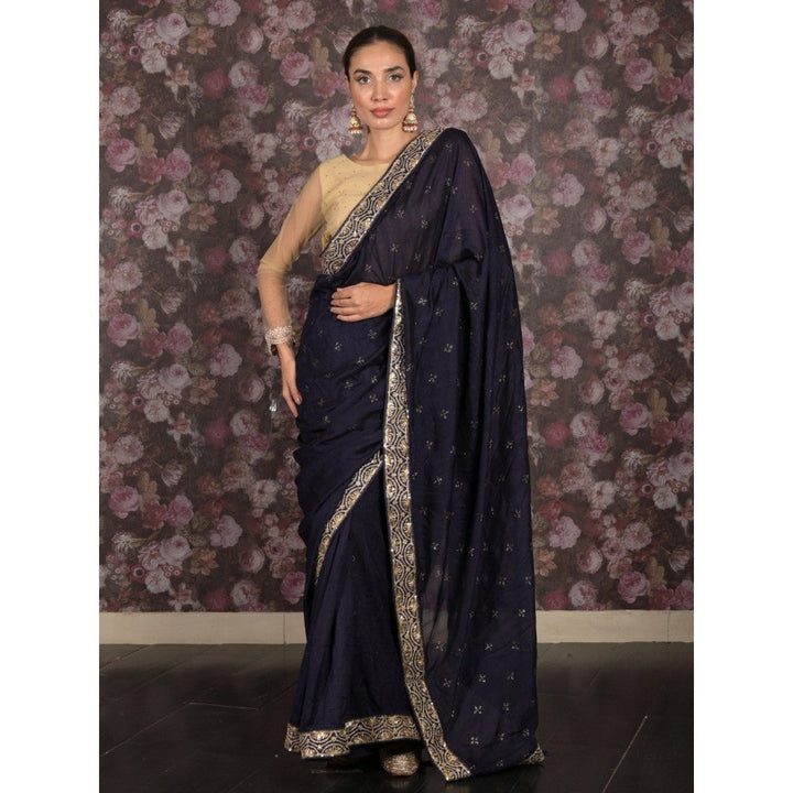 Odette Women Navy Blue Silk Blend Embroidered Saree with Unstitched Blouse