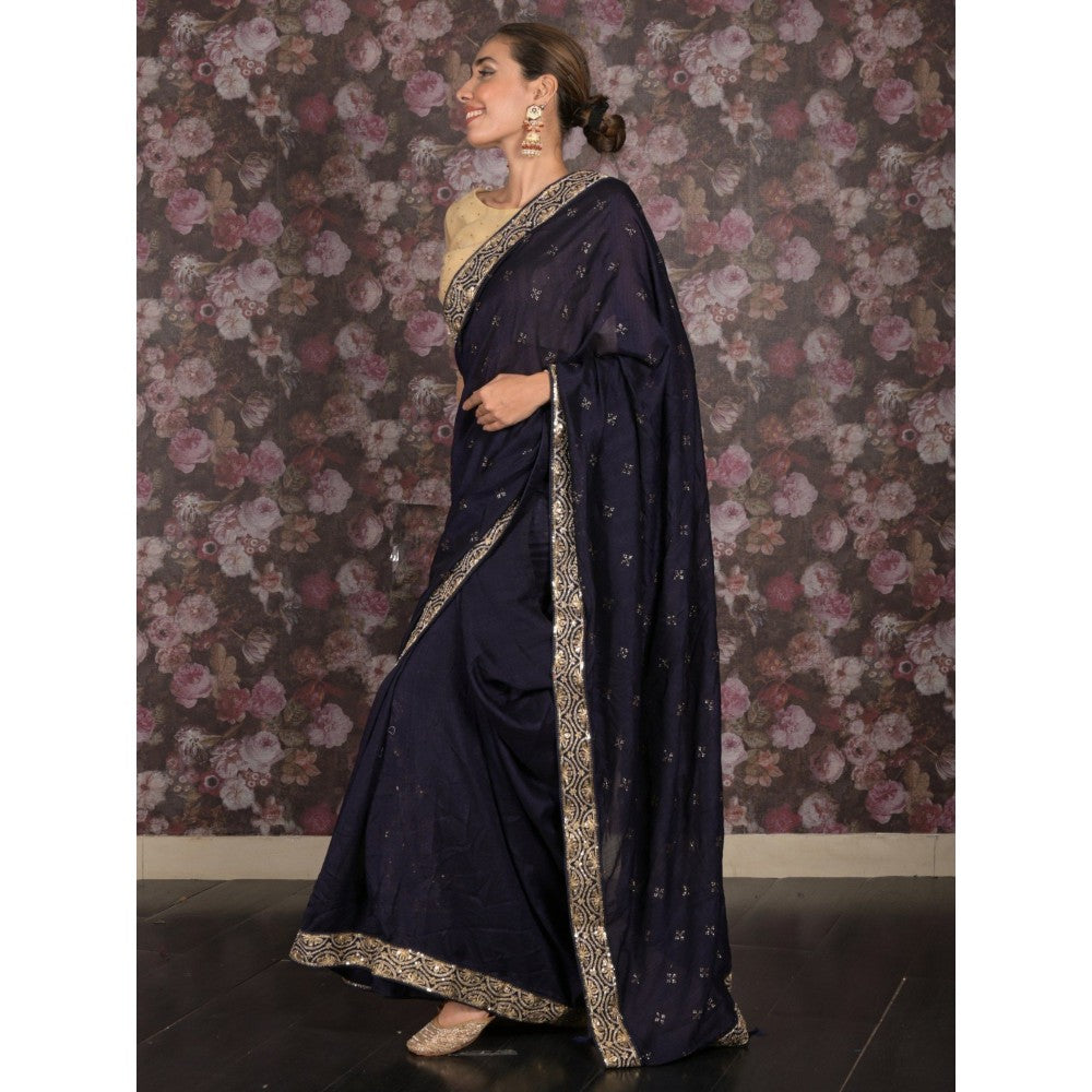 Odette Women Navy Blue Silk Blend Embroidered Saree with Unstitched Blouse