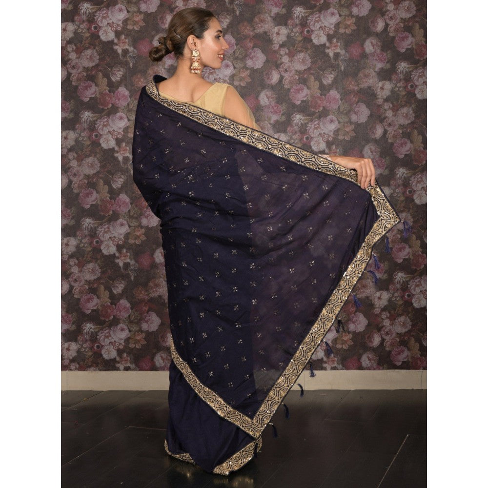 Odette Women Navy Blue Silk Blend Embroidered Saree with Unstitched Blouse