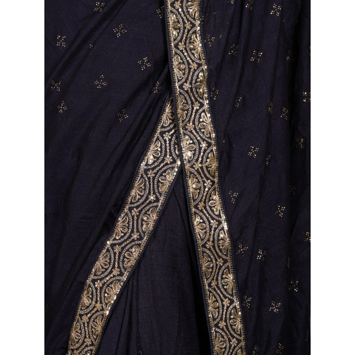 Odette Women Navy Blue Silk Blend Embroidered Saree with Unstitched Blouse