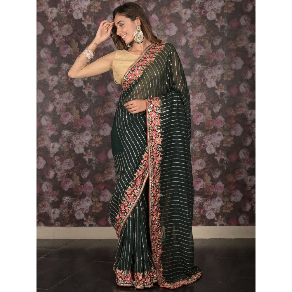 Odette Women Green Georgette Embroidered Saree with Unstitched Blouse