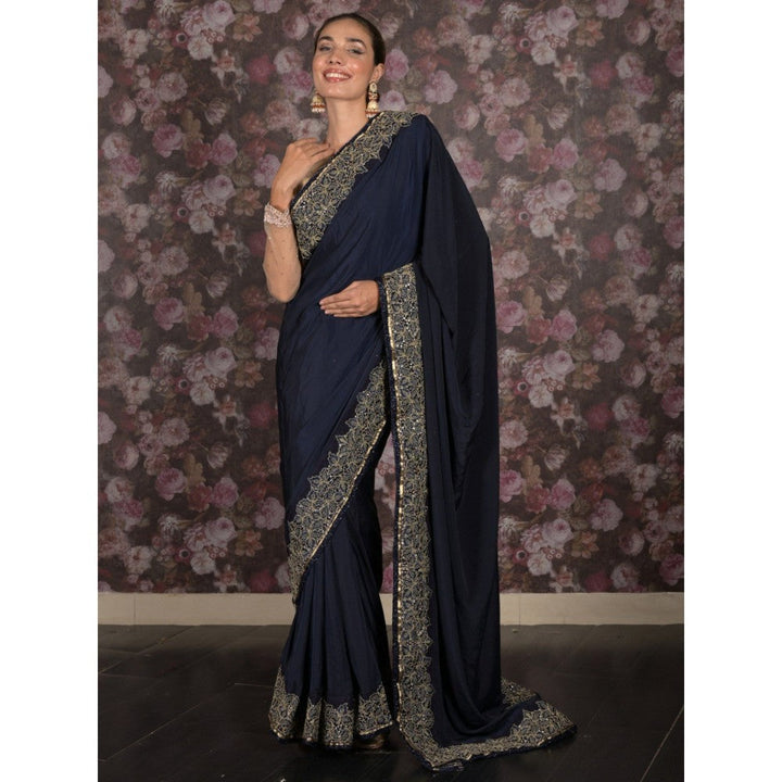 Odette Women Navy Blue Satin Embroidered Saree with Unstitched Blouse