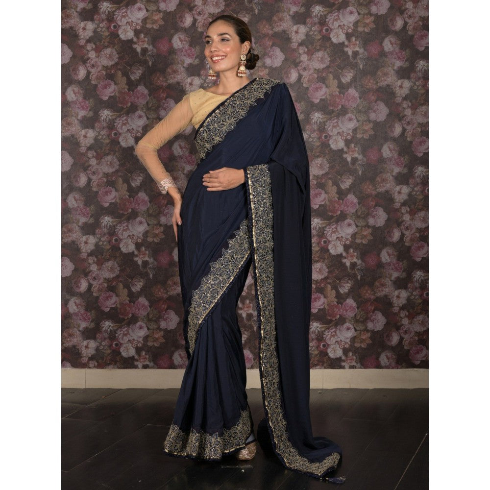 Odette Women Navy Blue Satin Embroidered Saree with Unstitched Blouse