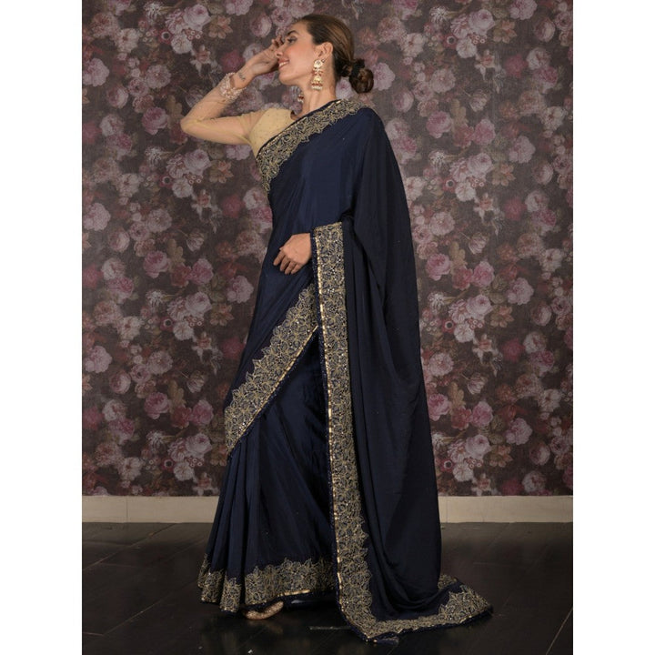 Odette Women Navy Blue Satin Embroidered Saree with Unstitched Blouse