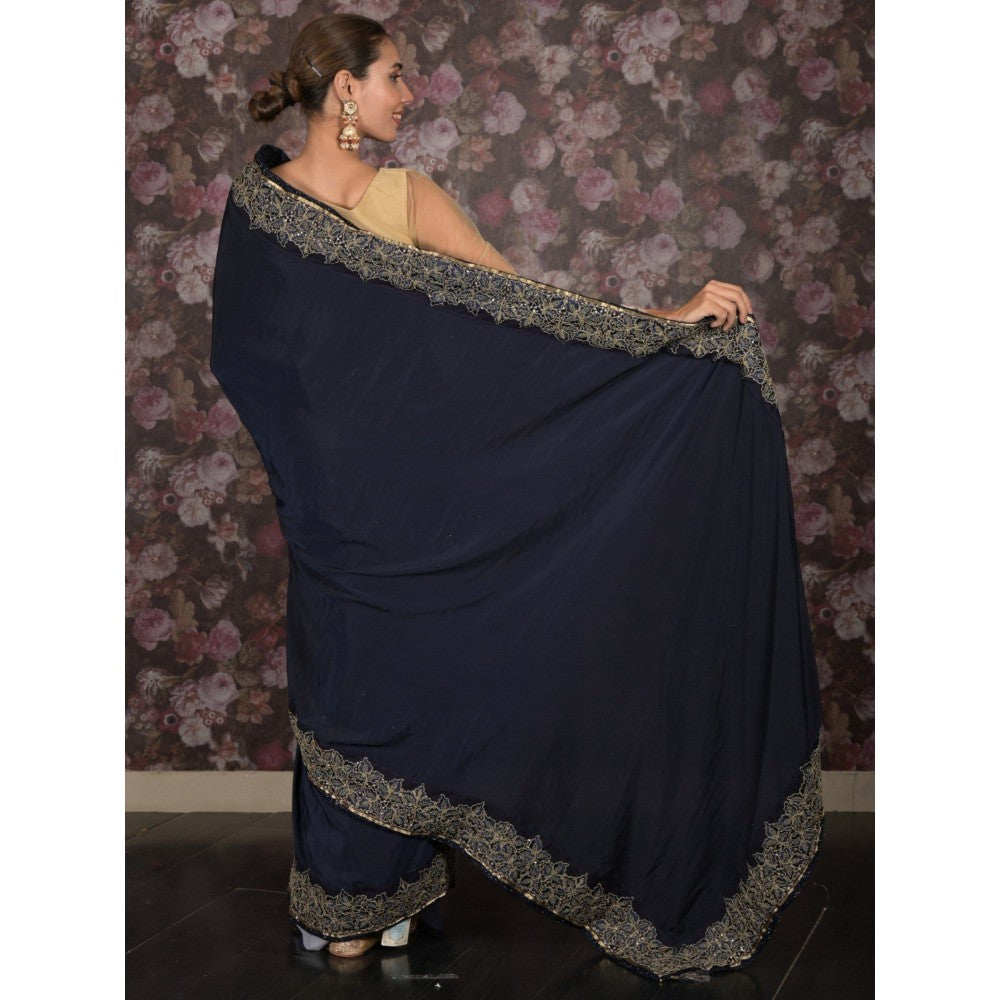 Odette Women Navy Blue Satin Embroidered Saree with Unstitched Blouse