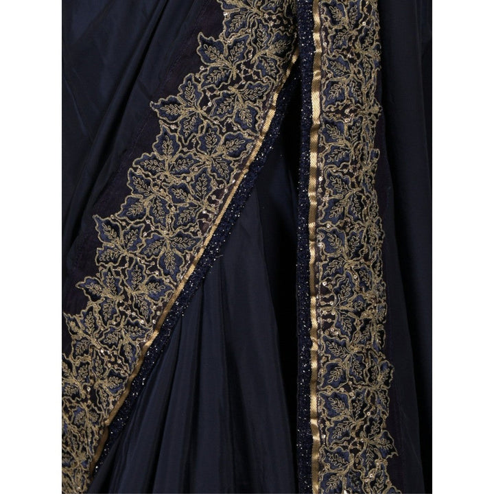 Odette Women Navy Blue Satin Embroidered Saree with Unstitched Blouse