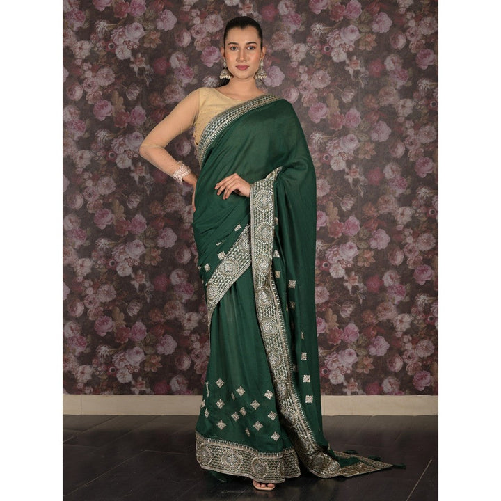 Odette Women Green Georgette Embroidered Saree with Unstitched Blouse