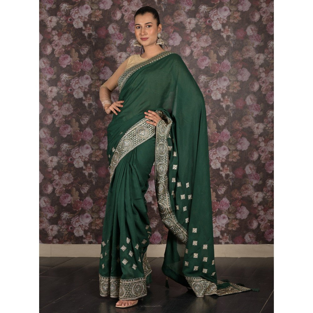 Odette Women Green Georgette Embroidered Saree with Unstitched Blouse