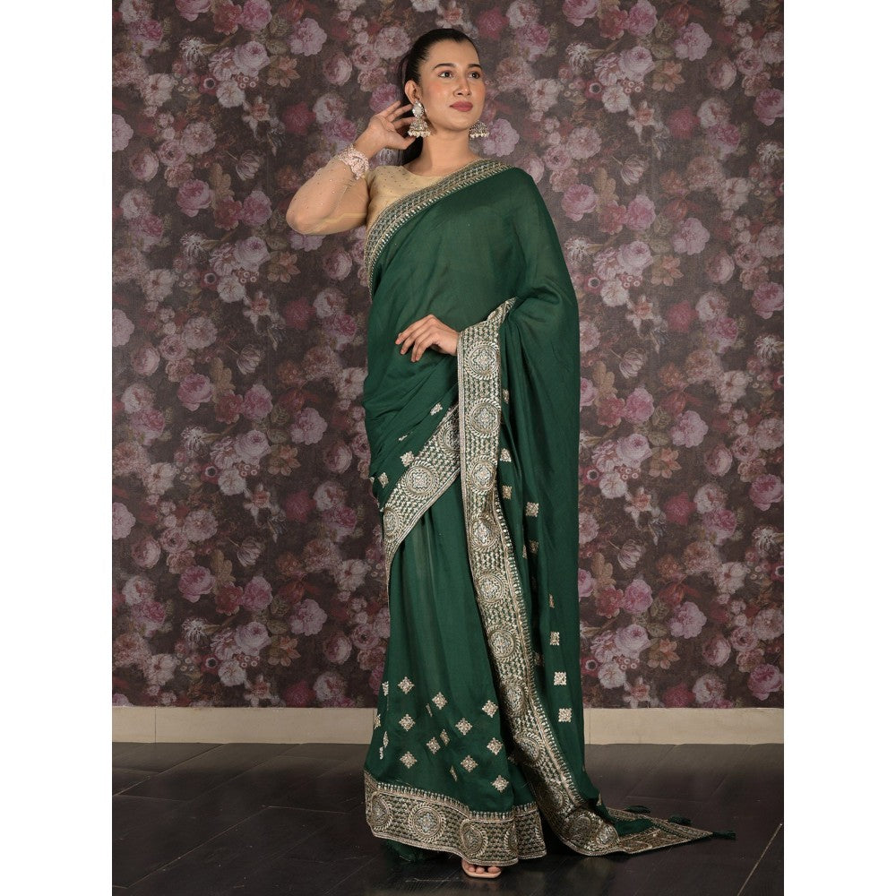 Odette Women Green Georgette Embroidered Saree with Unstitched Blouse