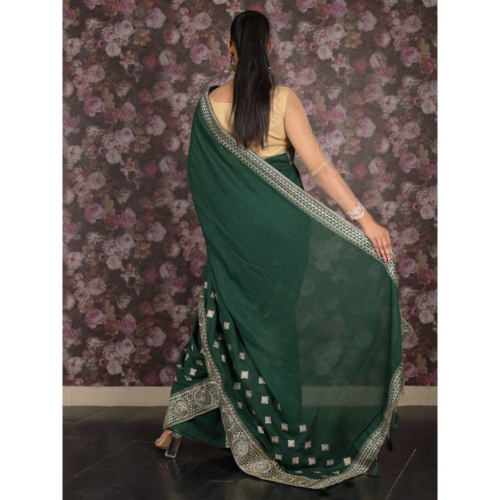 Odette Women Green Georgette Embroidered Saree with Unstitched Blouse