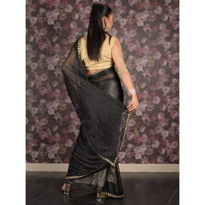 Odette Women Black Satin Embroidered Saree with Unstitched Blouse