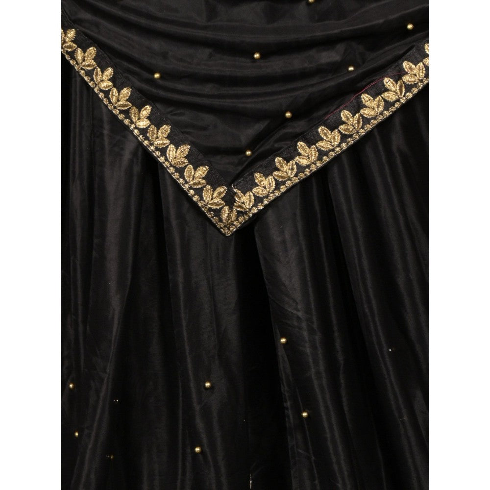 Odette Women Black Satin Embroidered Saree with Unstitched Blouse