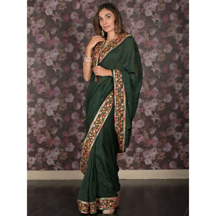 Odette Women Green Satin Embroidered Saree with Unstitched Blouse