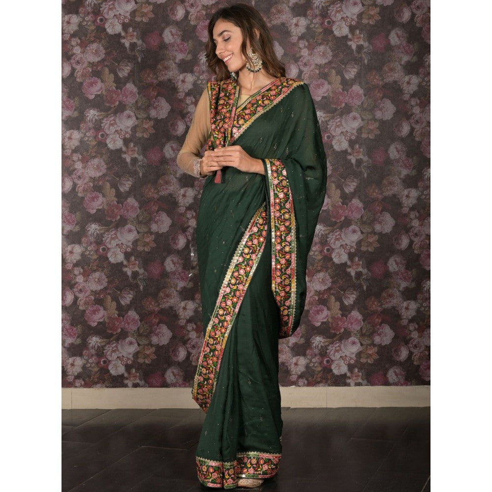 Odette Women Green Satin Embroidered Saree with Unstitched Blouse