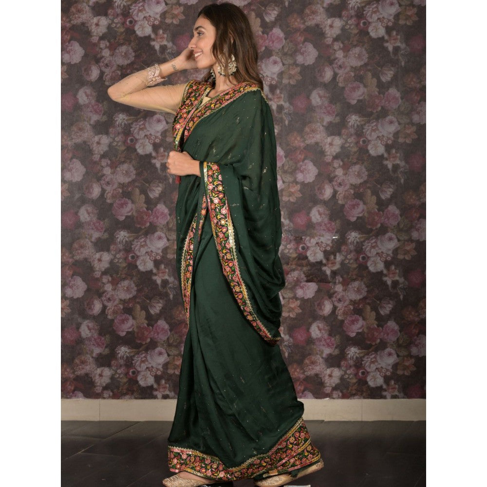 Odette Women Green Satin Embroidered Saree with Unstitched Blouse