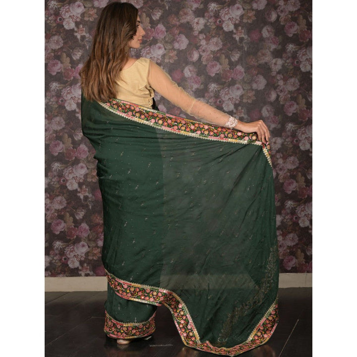 Odette Women Green Satin Embroidered Saree with Unstitched Blouse