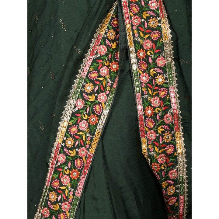 Odette Women Green Satin Embroidered Saree with Unstitched Blouse