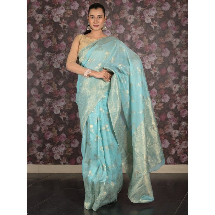 Odette Women Blue Silk Blend Woven Saree with Unstitched Blouse