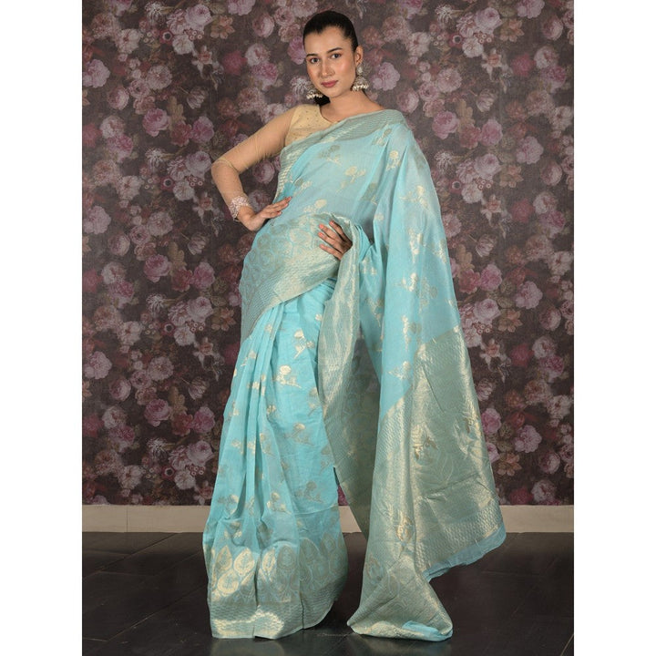 Odette Women Blue Silk Blend Woven Saree with Unstitched Blouse