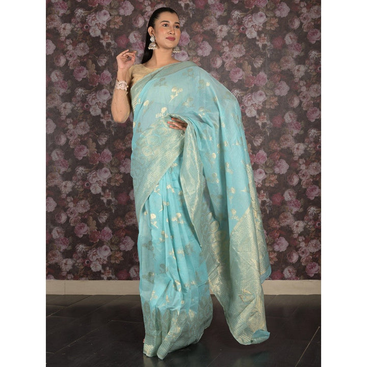 Odette Women Blue Silk Blend Woven Saree with Unstitched Blouse