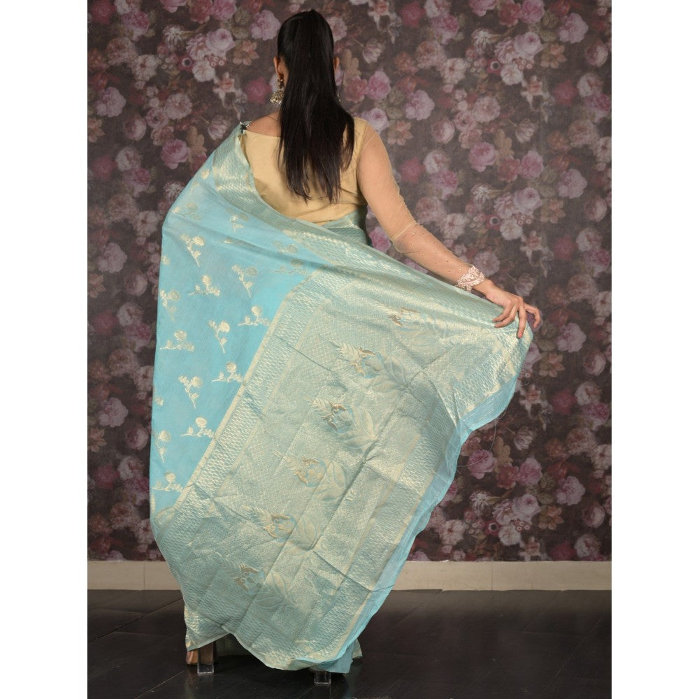 Odette Women Blue Silk Blend Woven Saree with Unstitched Blouse