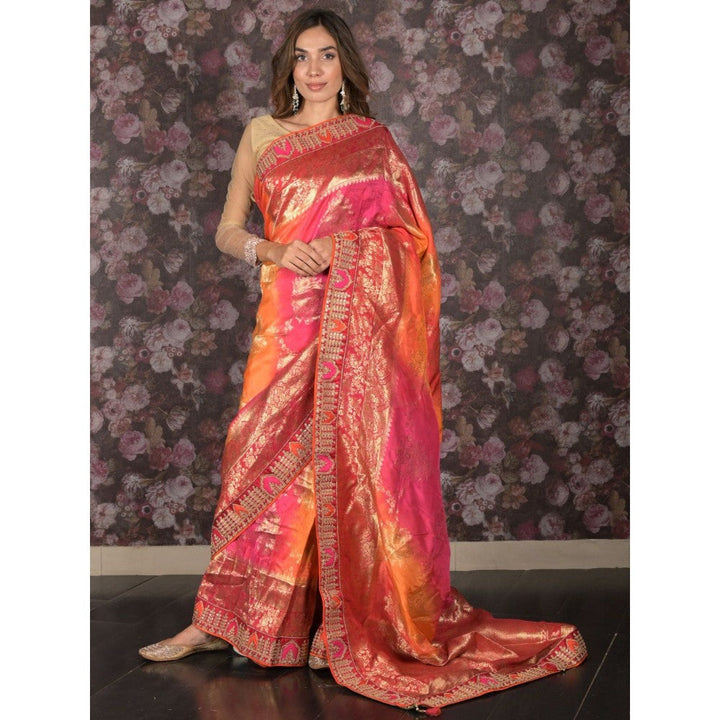 Odette Women Multi-Color Silk Blend Embroidered Saree with Unstitched Blouse