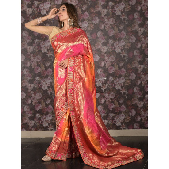 Odette Women Multi-Color Silk Blend Embroidered Saree with Unstitched Blouse