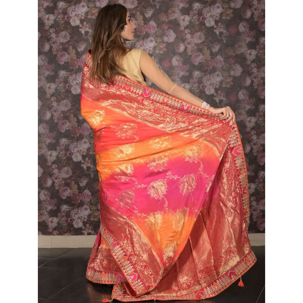 Odette Women Multi-Color Silk Blend Embroidered Saree with Unstitched Blouse