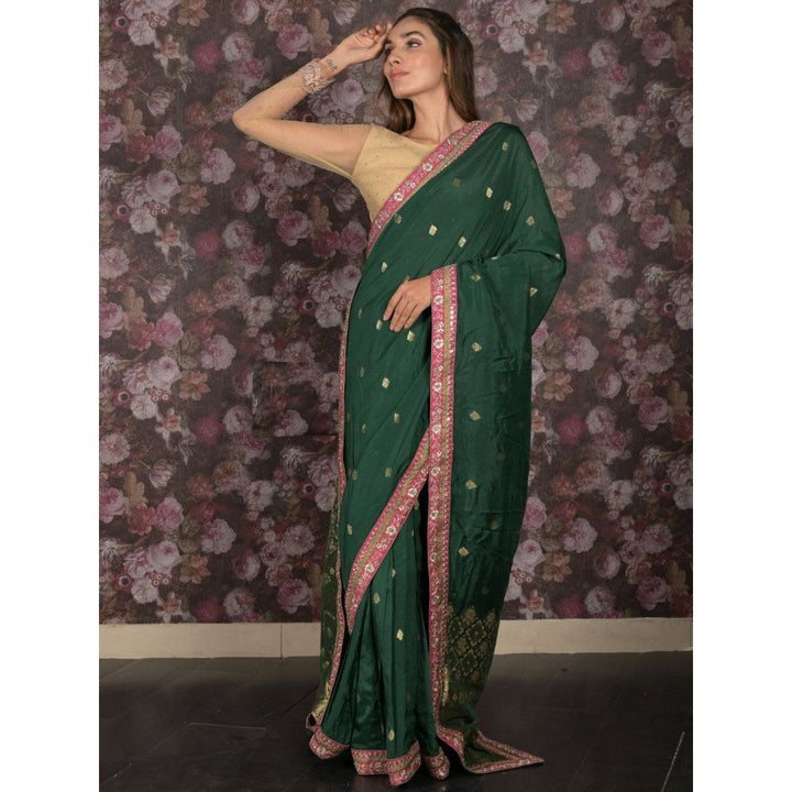 Odette Women Green Crepe Embroidered Saree with Unstitched Blouse