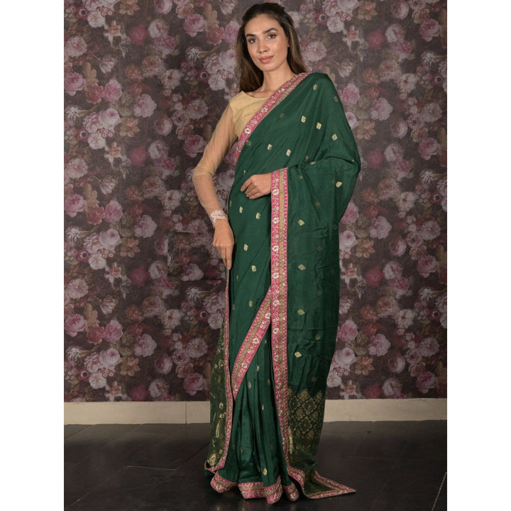 Odette Women Green Crepe Embroidered Saree with Unstitched Blouse