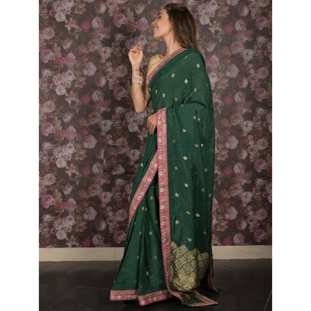 Odette Women Green Crepe Embroidered Saree with Unstitched Blouse