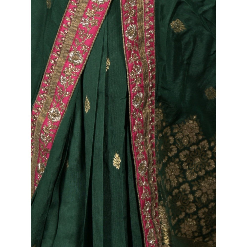 Odette Women Green Crepe Embroidered Saree with Unstitched Blouse