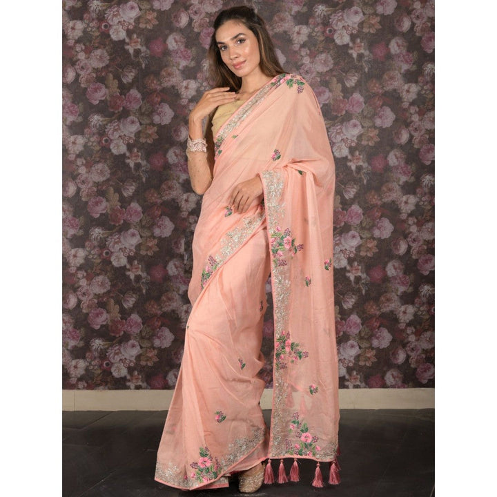 Odette Women Peach Polyester Embroidered Saree with Unstitched Blouse