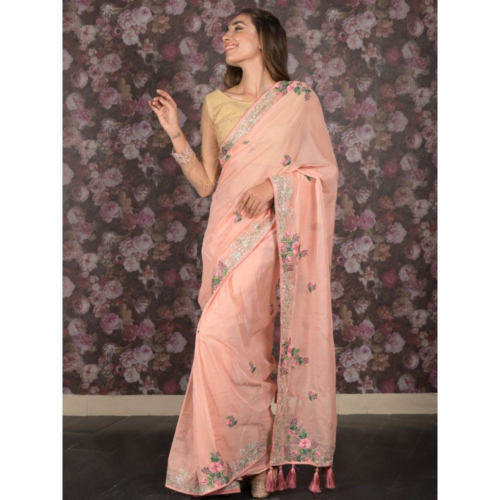 Odette Women Peach Polyester Embroidered Saree with Unstitched Blouse