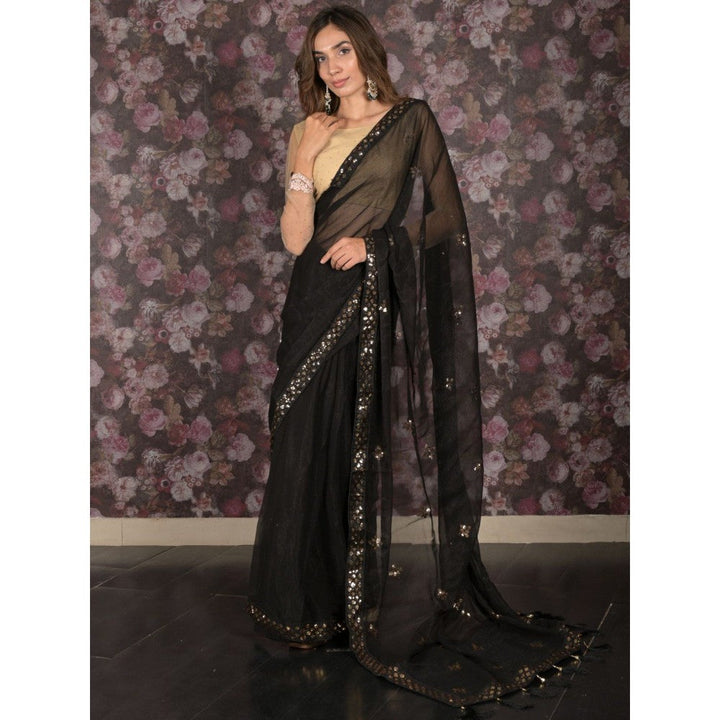 Odette Women Black Poly Georgette Embroidered Saree with Unstitched Blouse