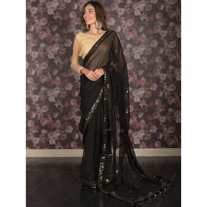 Odette Women Black Poly Georgette Embroidered Saree with Unstitched Blouse