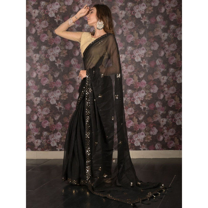 Odette Women Black Poly Georgette Embroidered Saree with Unstitched Blouse