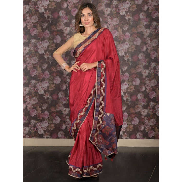 Odette Women Maroon Crepe Embroidered Saree with Unstitched Blouse