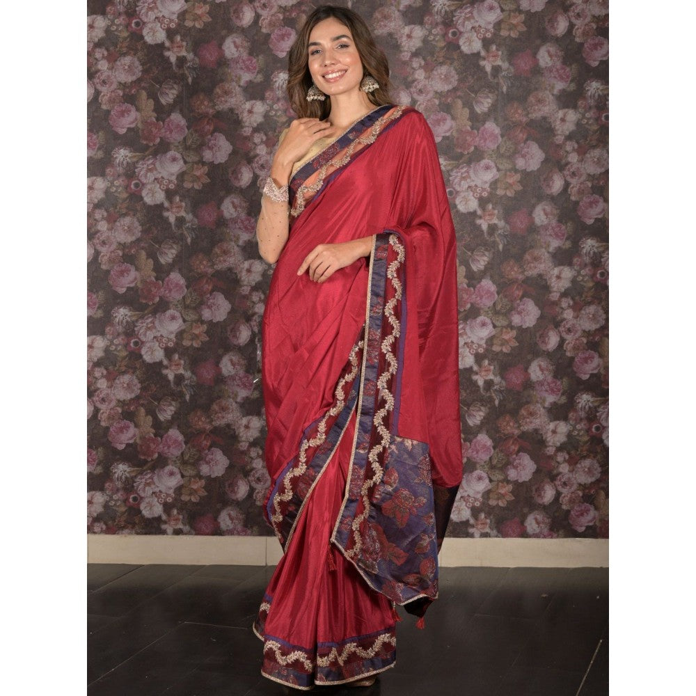 Odette Women Maroon Crepe Embroidered Saree with Unstitched Blouse