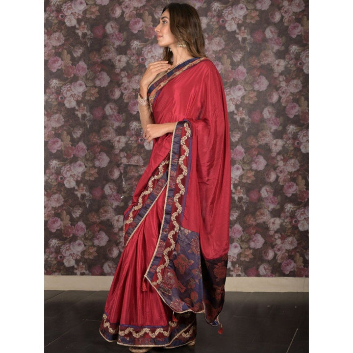 Odette Women Maroon Crepe Embroidered Saree with Unstitched Blouse