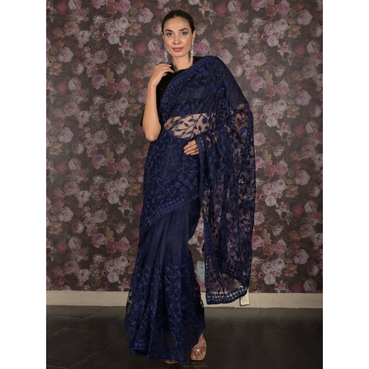 Odette Women Navy Blue Net Embroidered Saree with Unstitched Blouse