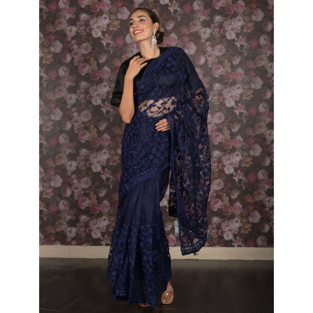 Odette Women Navy Blue Net Embroidered Saree with Unstitched Blouse