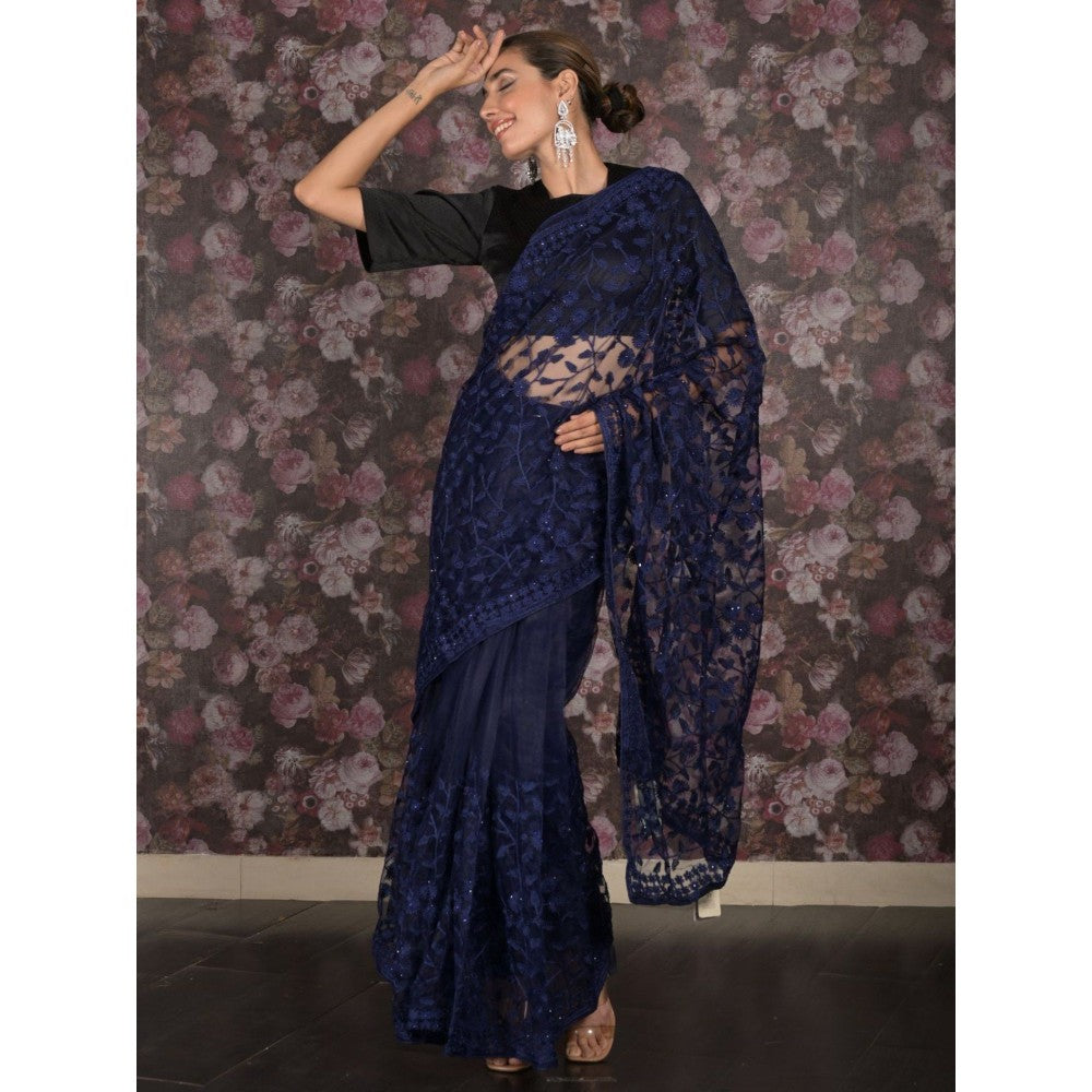 Odette Women Navy Blue Net Embroidered Saree with Unstitched Blouse