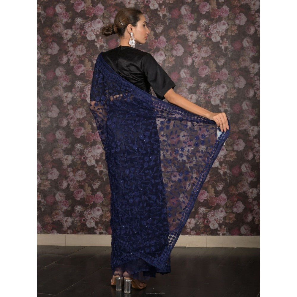 Odette Women Navy Blue Net Embroidered Saree with Unstitched Blouse