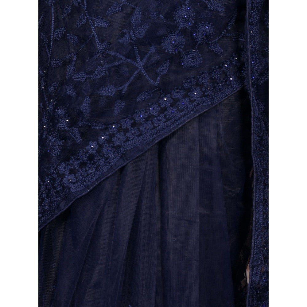 Odette Women Navy Blue Net Embroidered Saree with Unstitched Blouse