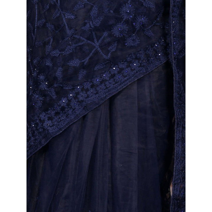 Odette Women Navy Blue Net Embroidered Saree with Unstitched Blouse